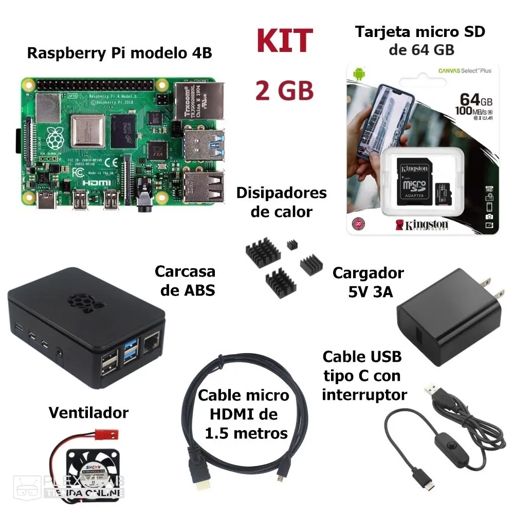 Kit Raspberry Pi 4B, incluye RPi, micro SD 64 GB, carcasa cable uHDMI, ventilador y 4 disipadores