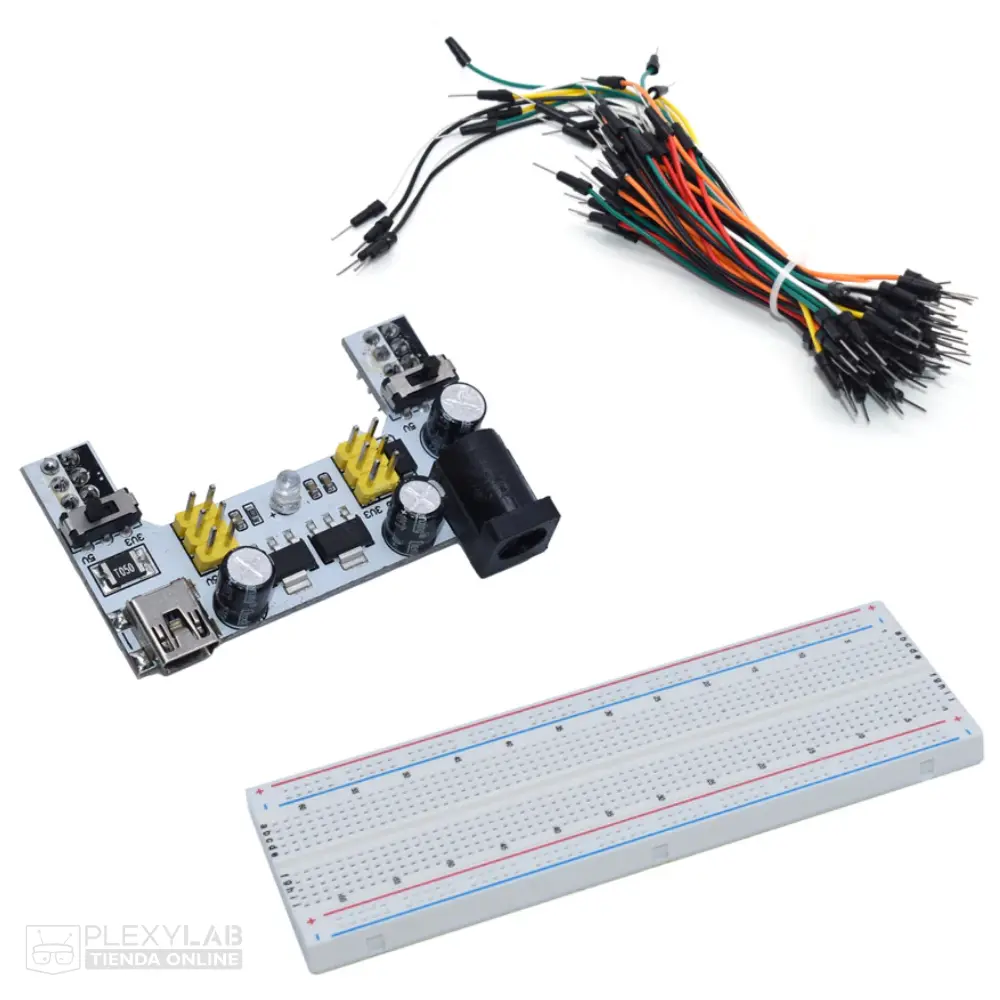 Kit Protoboard 830 puntos MB102 + fuente de 5V y 3.3V micro USB + juego de 65 cables