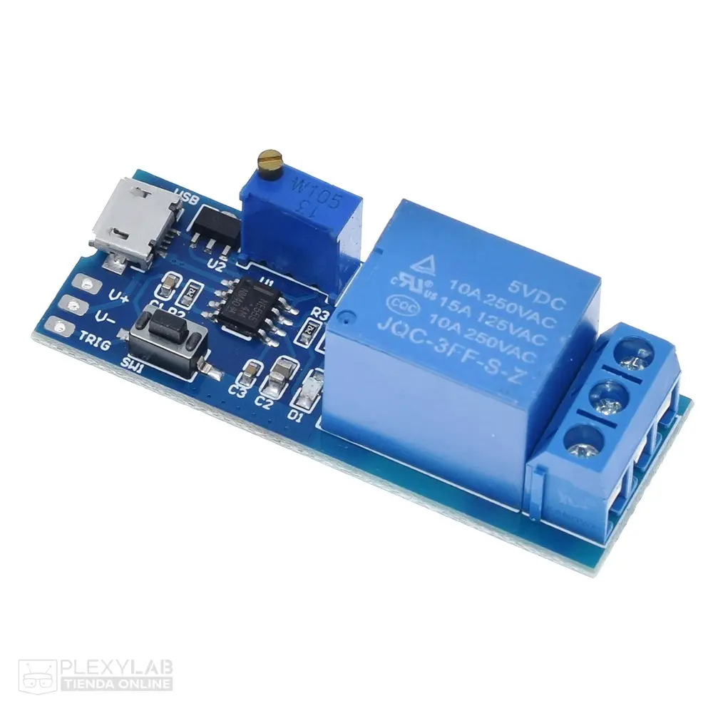 Módulo relé temporizador NE555, con trigger y retardo ajustable analógico, alimentación micro USB o entrada de 5V a 30V