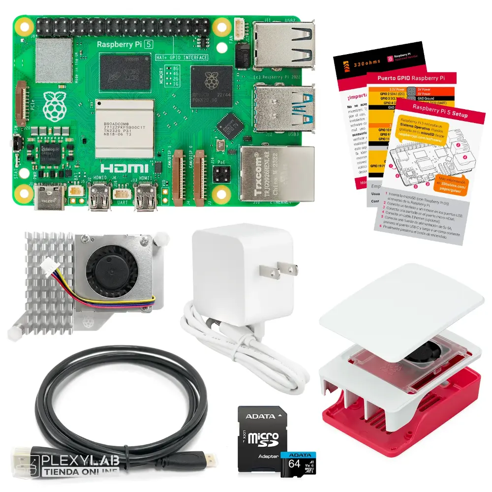 Kit Raspberry Pi 5 - 8 GB, incluye case Oficial, disipador de calor activo y cargador oficial 5.1V 5A 27W USB-C