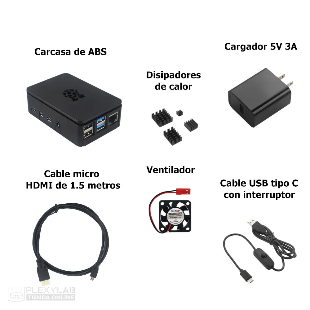 Kit de accesorios para Raspberry Pi 4B, incluye fuente genérica de 5V 3A, carcasa ABS, cable uHDMI 1.5m, ventilador y 4 disipadores de calor