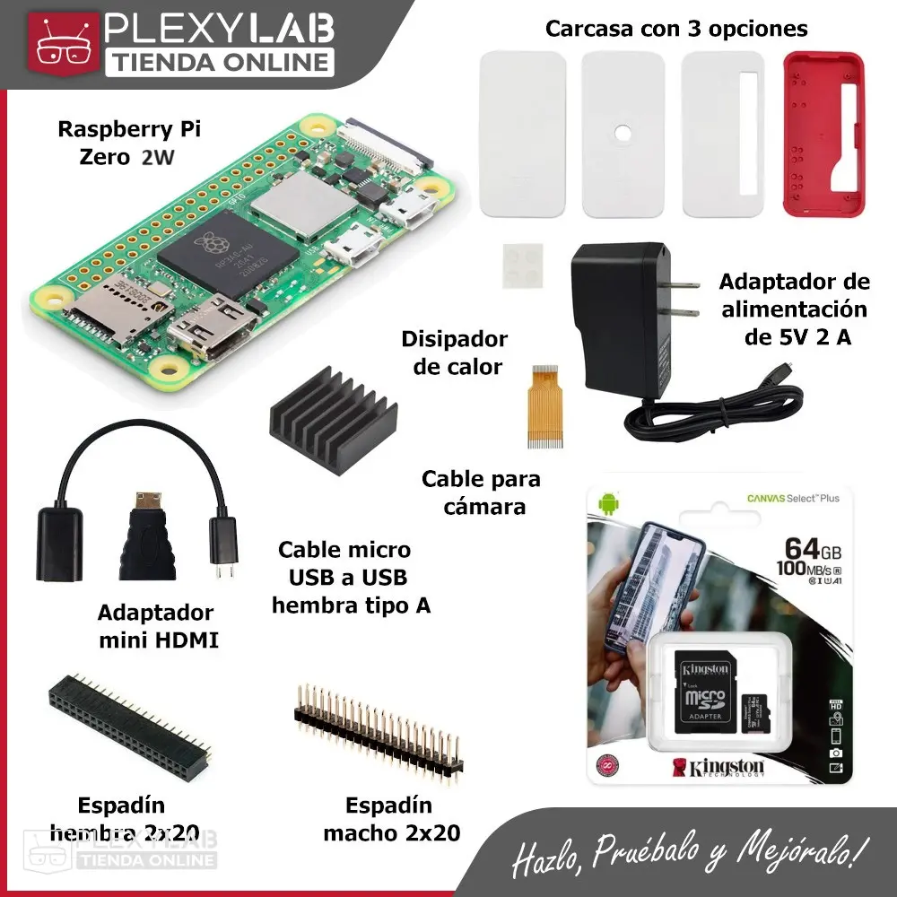 Kit Raspberry Pi Zero 2 W incluye case original, cable USB, micro SD 64 GB, peinetas, disipador, fuente 5V 2A