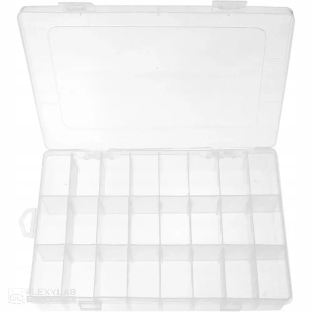Caja plástica, organizador de 24 compartimentos, para almacenamiento de componentes, dimensiones 195x130x36 mm