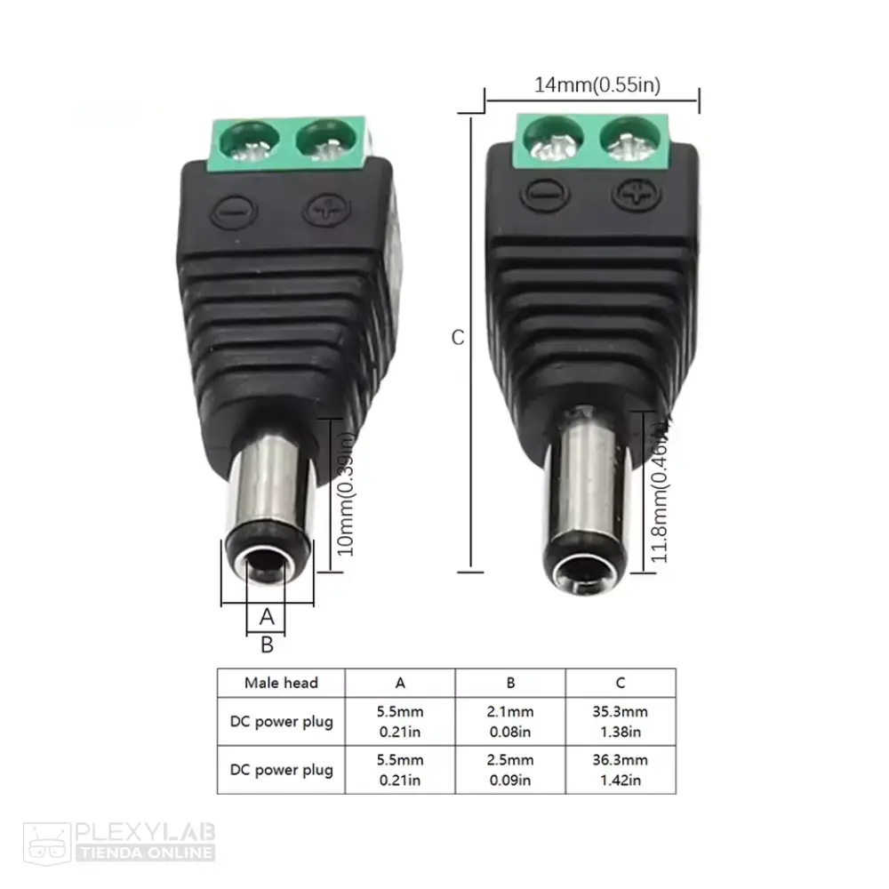 Bornera conector DC 5.5x2.5 mm plug macho de alimentación 